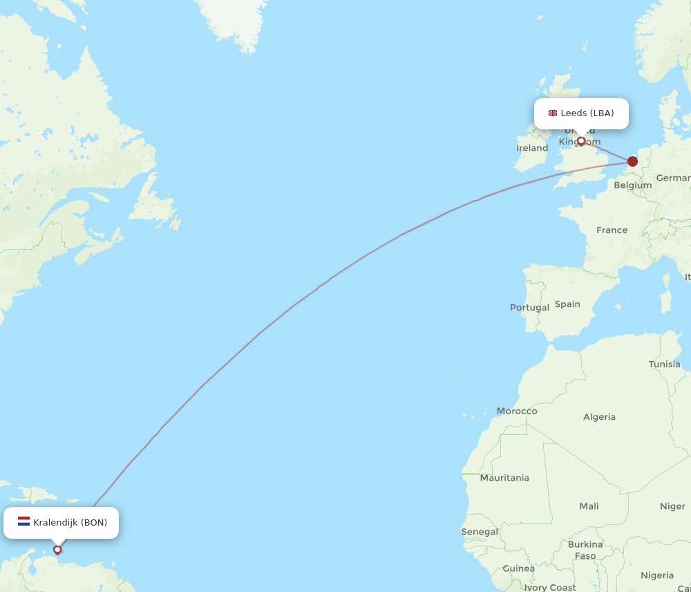 Leeds - Bonaire route map and flight paths