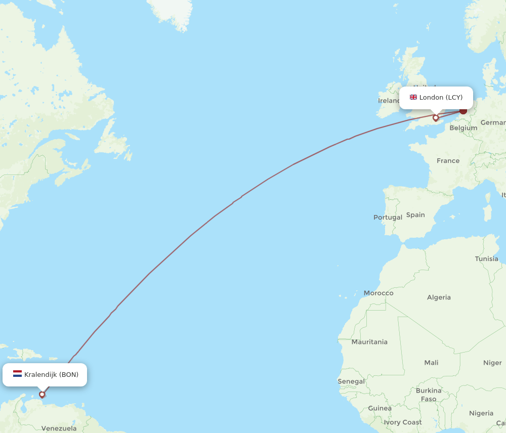 London - Bonaire route map and flight paths