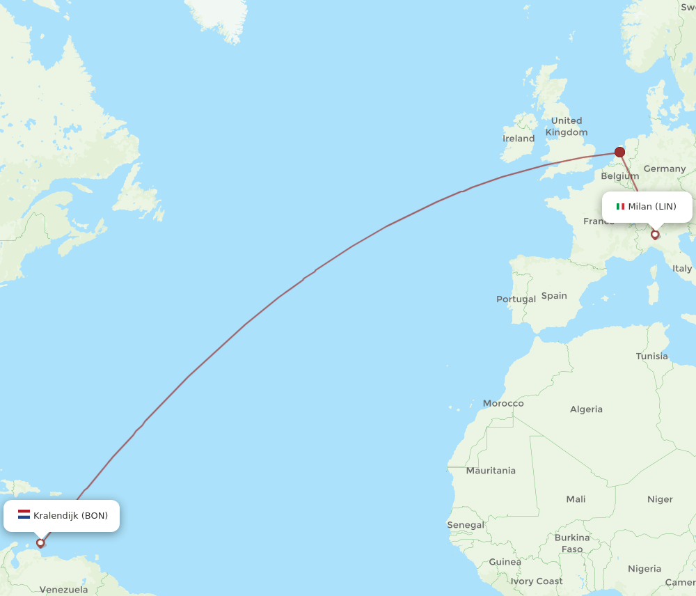 Milan - Bonaire route map and flight paths