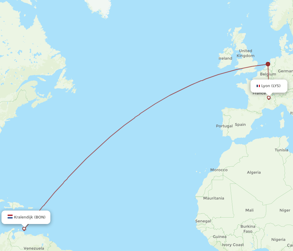 Lyon - Bonaire route map and flight paths