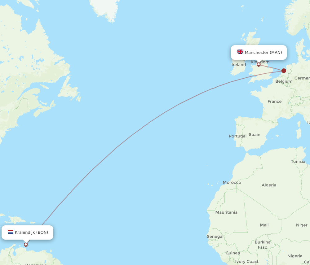 Manchester - Bonaire route map and flight paths