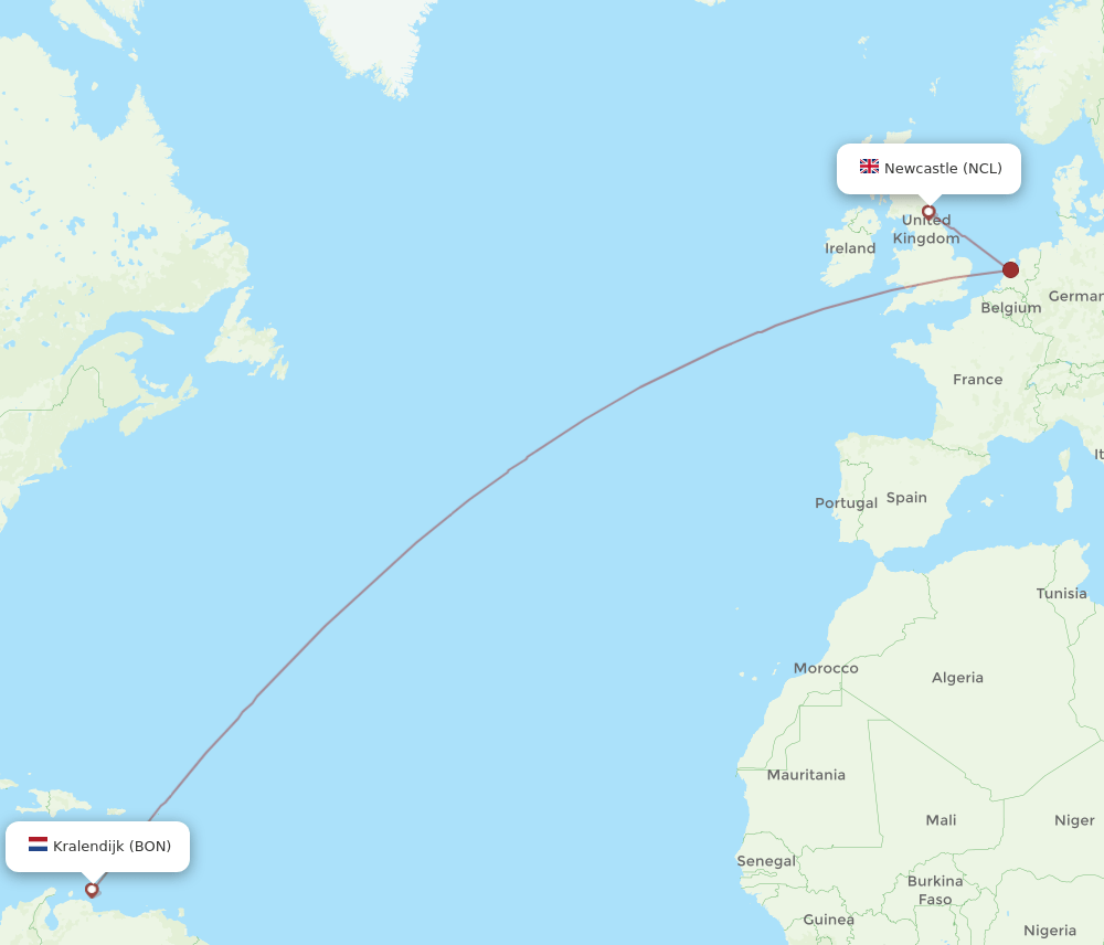 NCL to BON flights and routes map