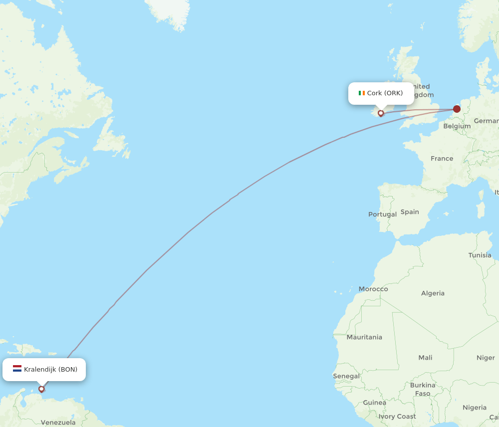Cork - Bonaire route map and flight paths