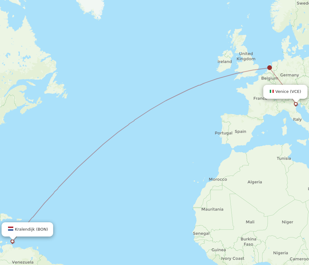 Venice - Bonaire route map and flight paths