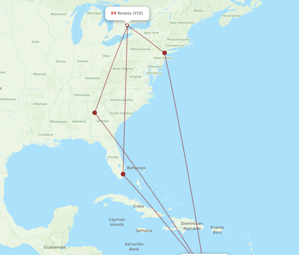 Toronto - Bonaire route map and flight paths