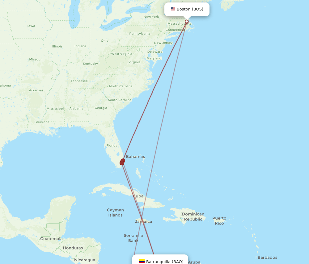 BOS to BAQ flights and routes map