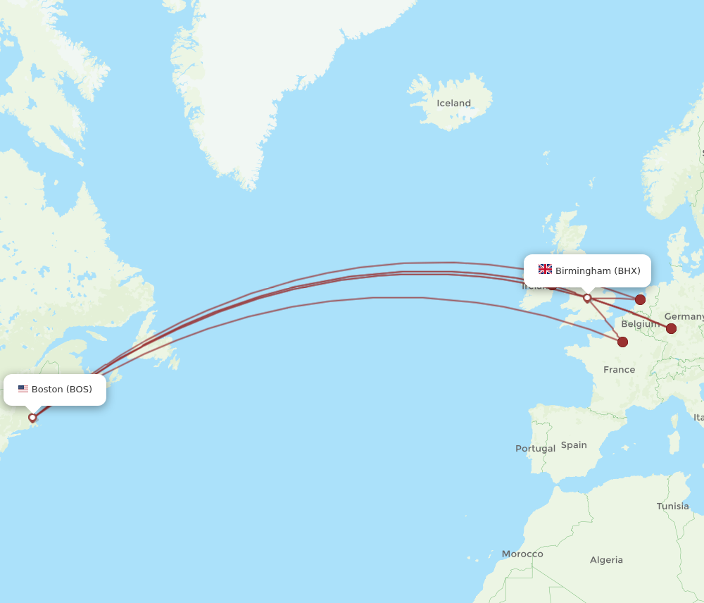 BOS to BHX flights and routes map