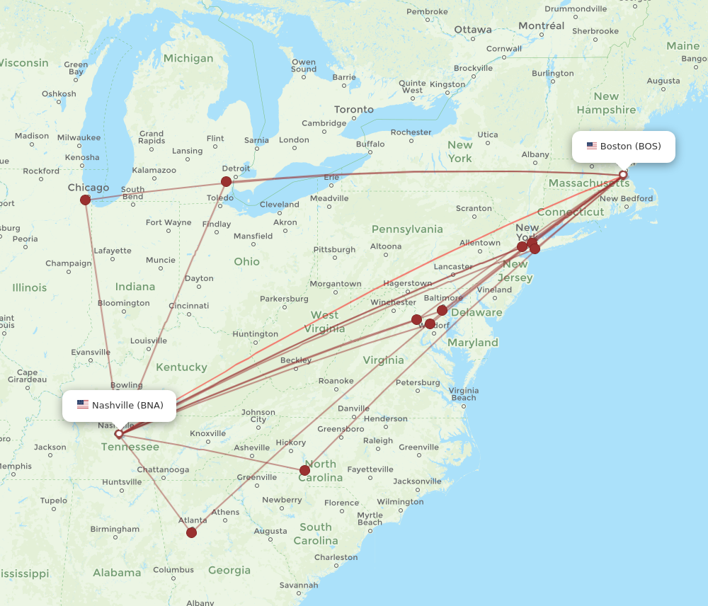 BOS to BNA flights and routes map