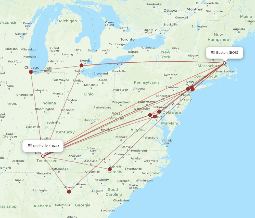 BOS-BNA flight routes
