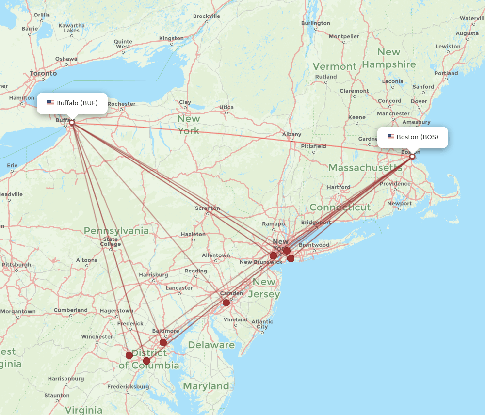 BOS to BUF flights and routes map