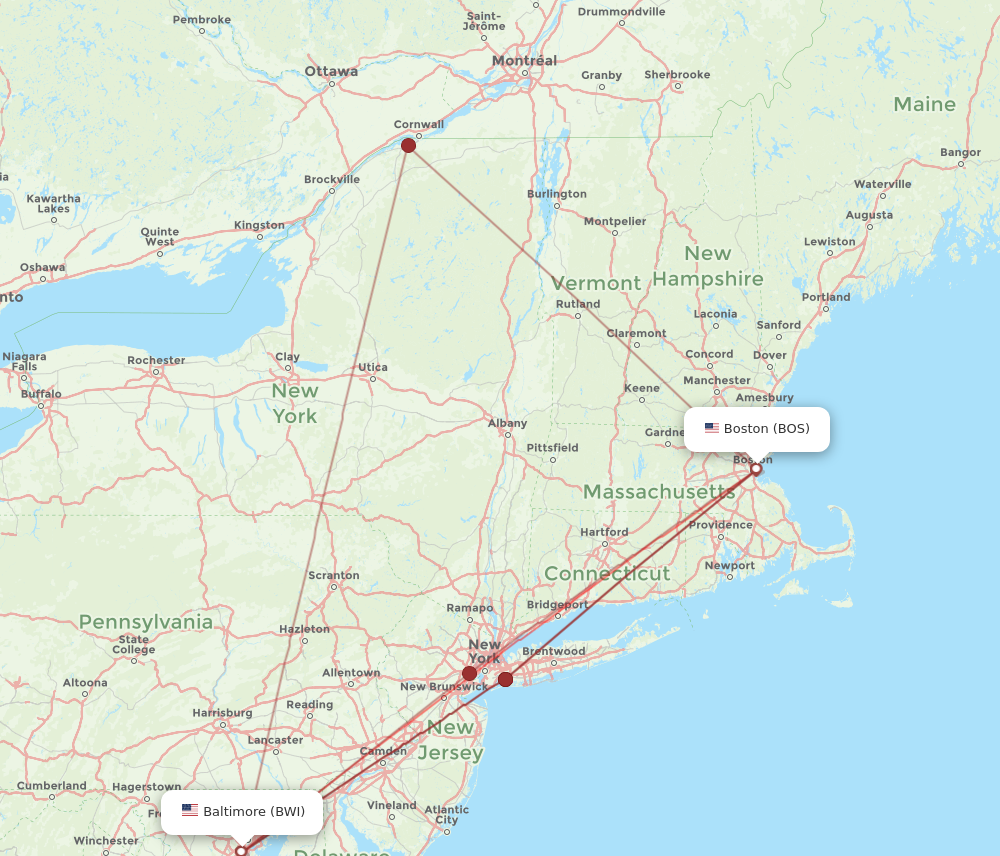 BOS to BWI flights and routes map