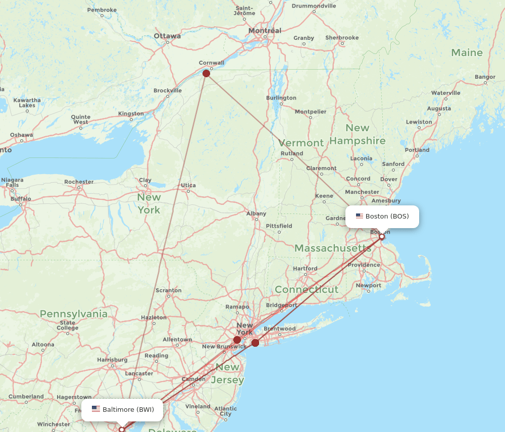 Boston - Baltimore route map and flight paths