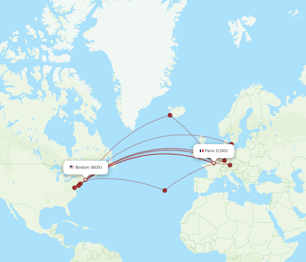 BOS to CDG flights and routes map