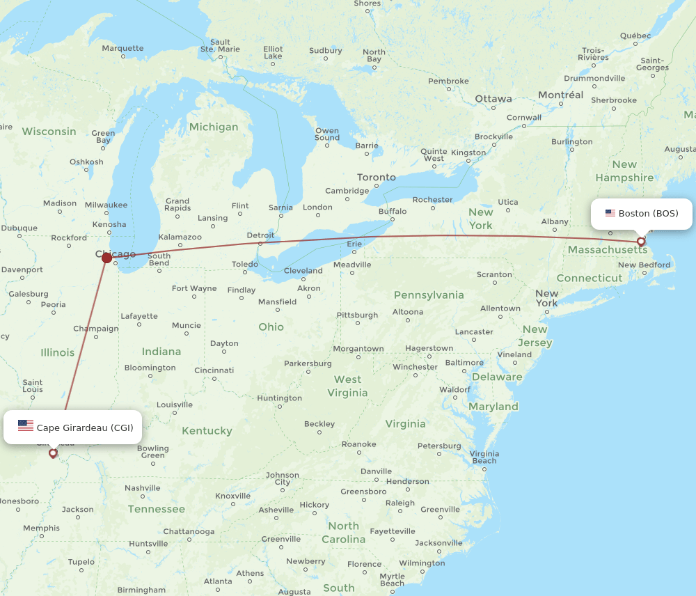 Cape Girardeau - Boston route map and flight paths