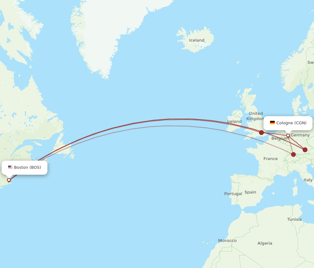 BOS to CGN flights and routes map