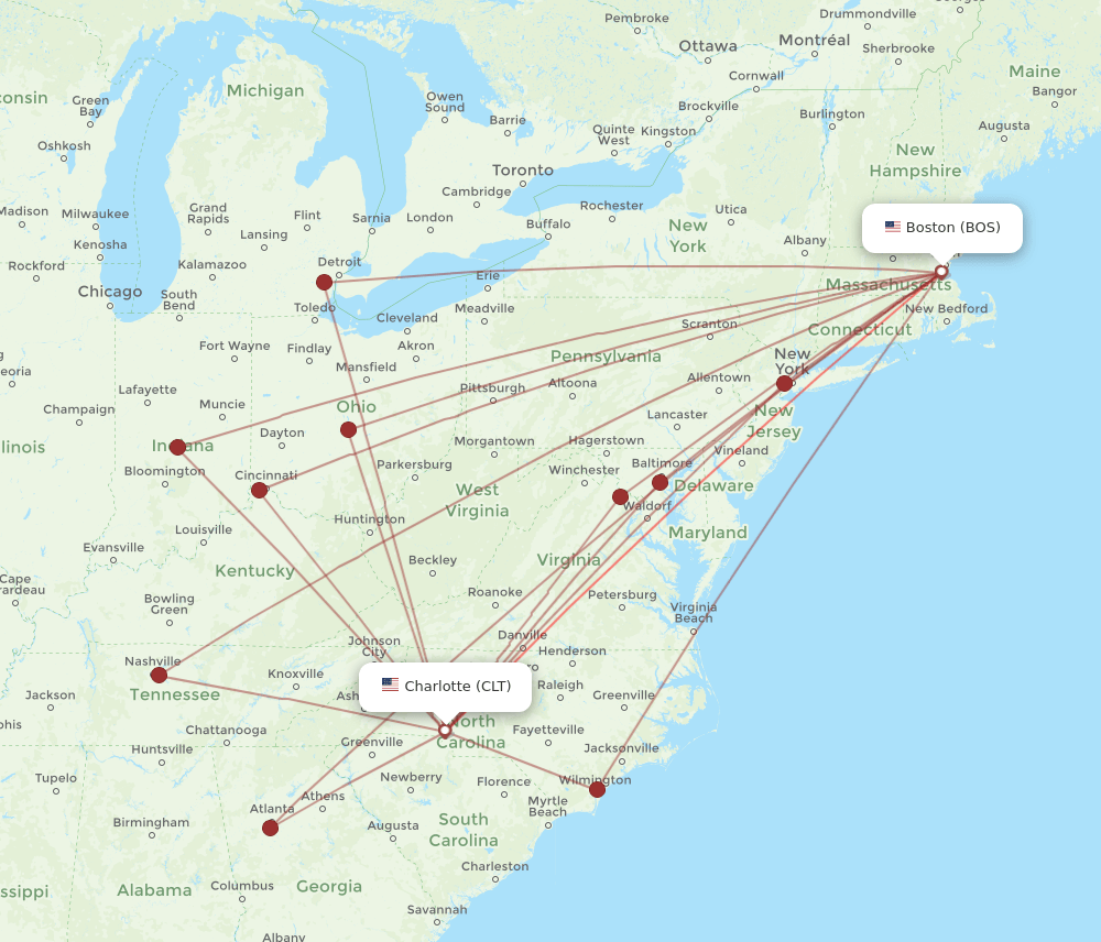 BOS to CLT flights and routes map