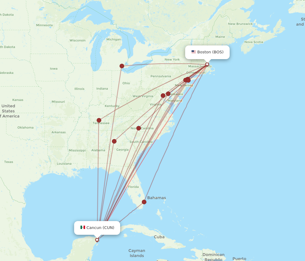 BOS to CUN flights and routes map