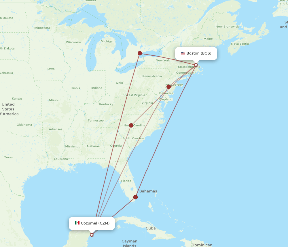 BOS-CZM flight routes