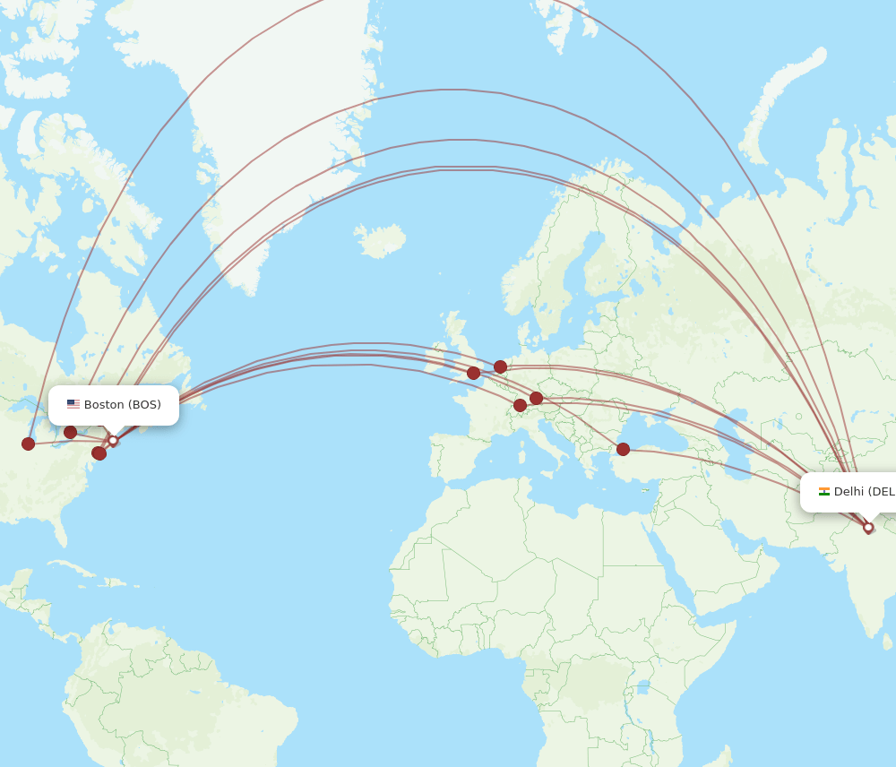 BOS to DEL flights and routes map