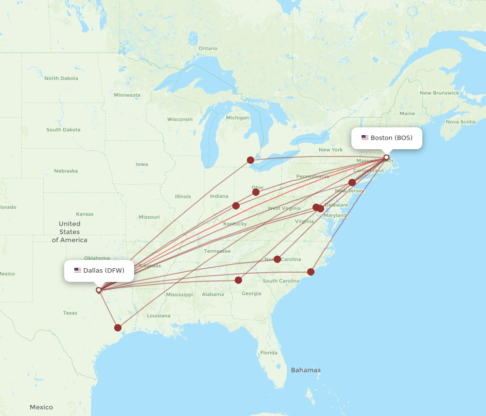 BOS-DFW flight routes