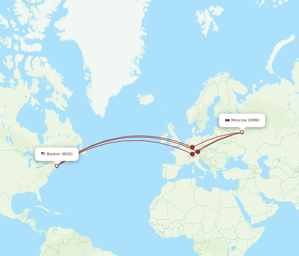 Boston - Moscow route map and flight paths