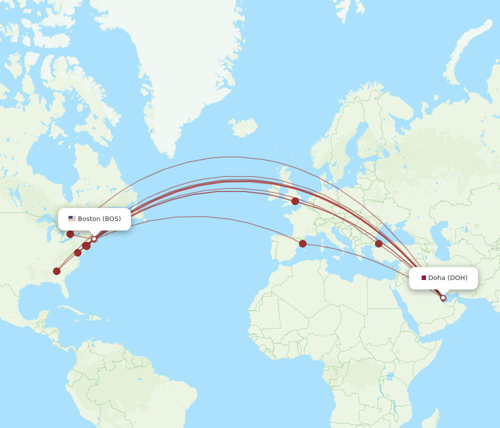 BOS to DOH flights and routes map
