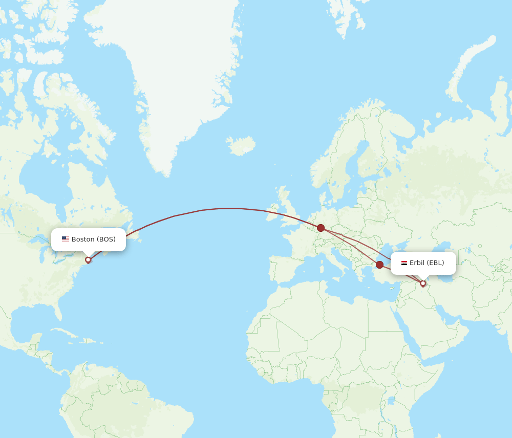 Erbil - Boston route map and flight paths