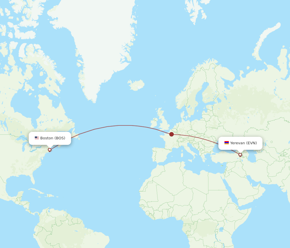 BOS to EVN flights and routes map