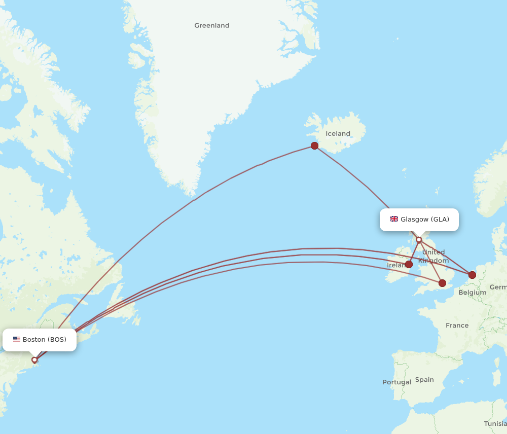 BOS to GLA flights and routes map