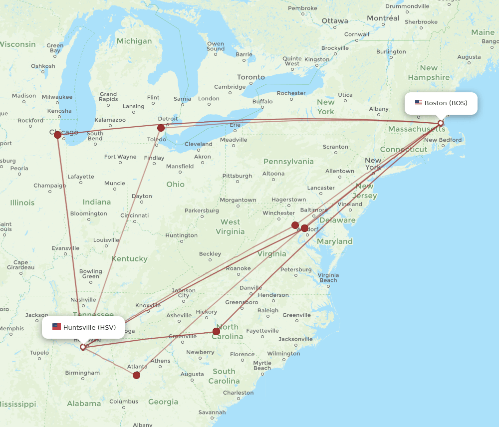 BOS to HSV flights and routes map