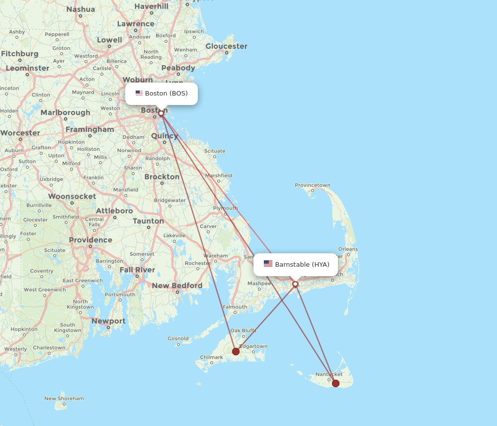 BOS to HYA flights and routes map