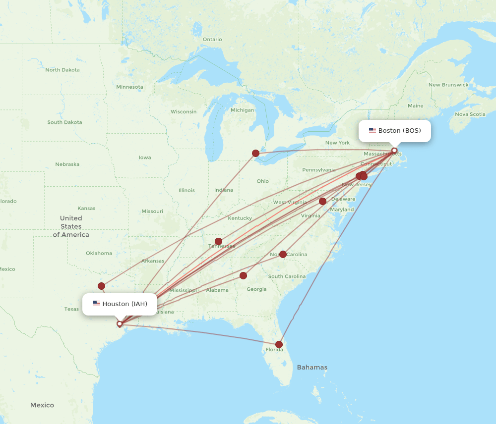 BOS-IAH flight routes