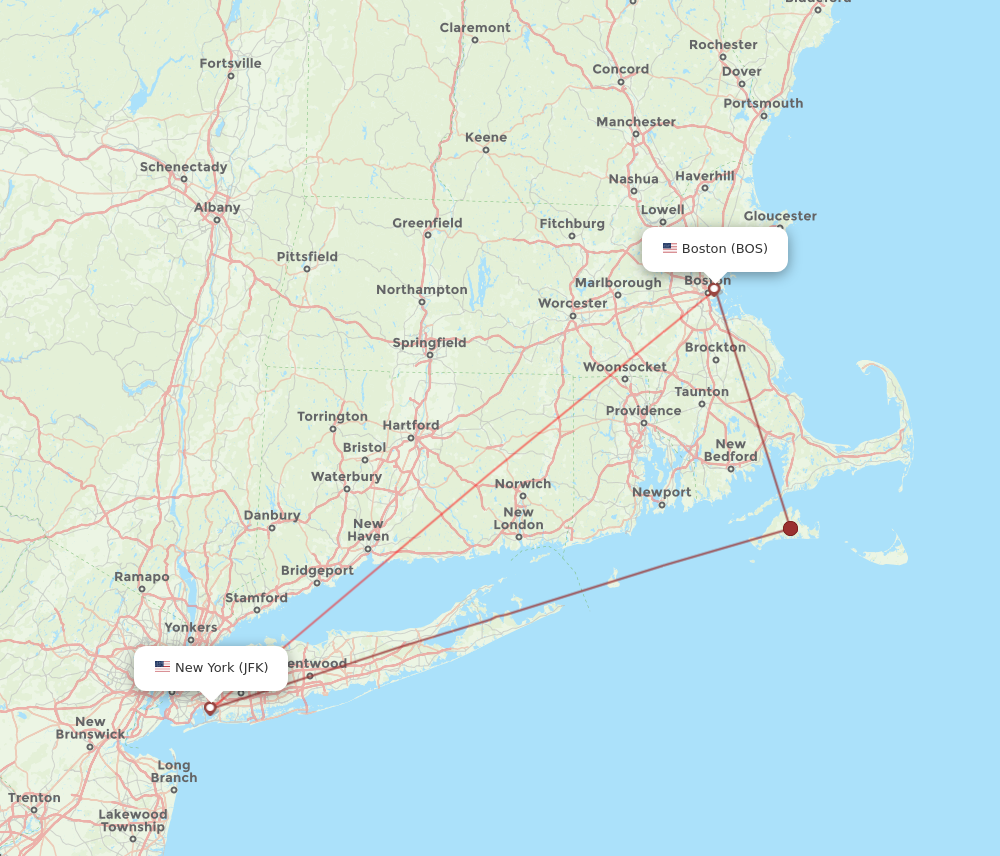 BOS to JFK flights and routes map