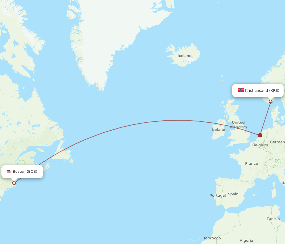 BOS to KRS flights and routes map