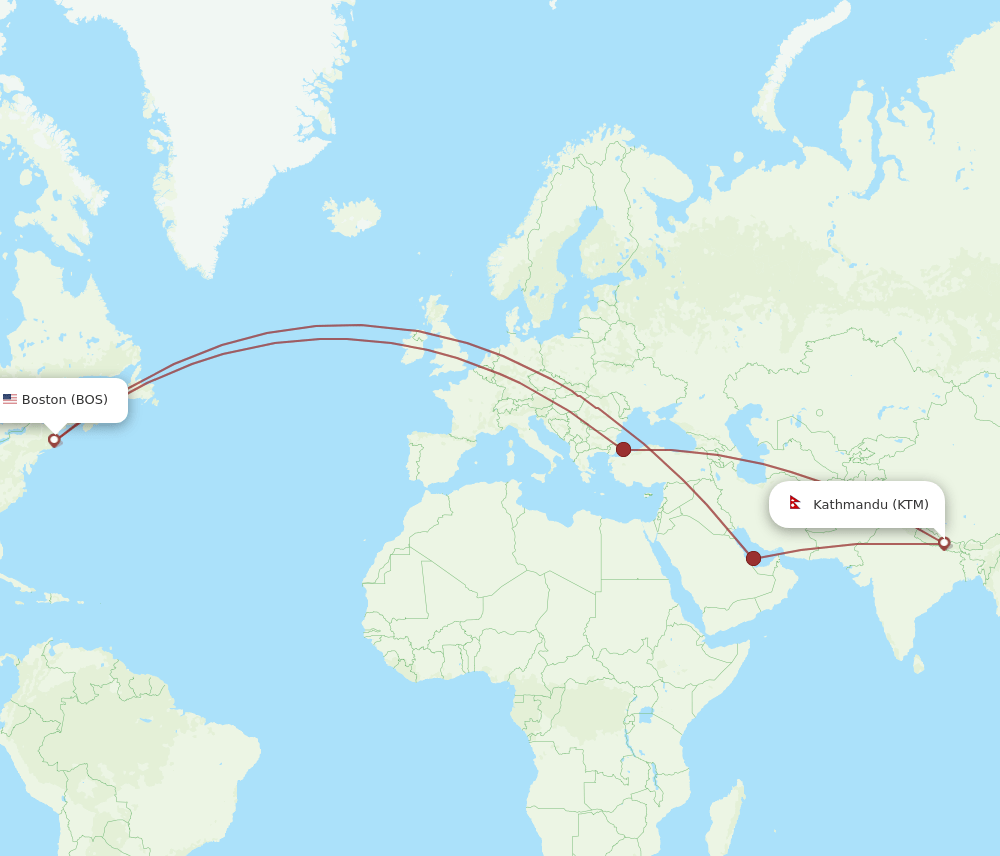Boston - Kathmandu route map and flight paths