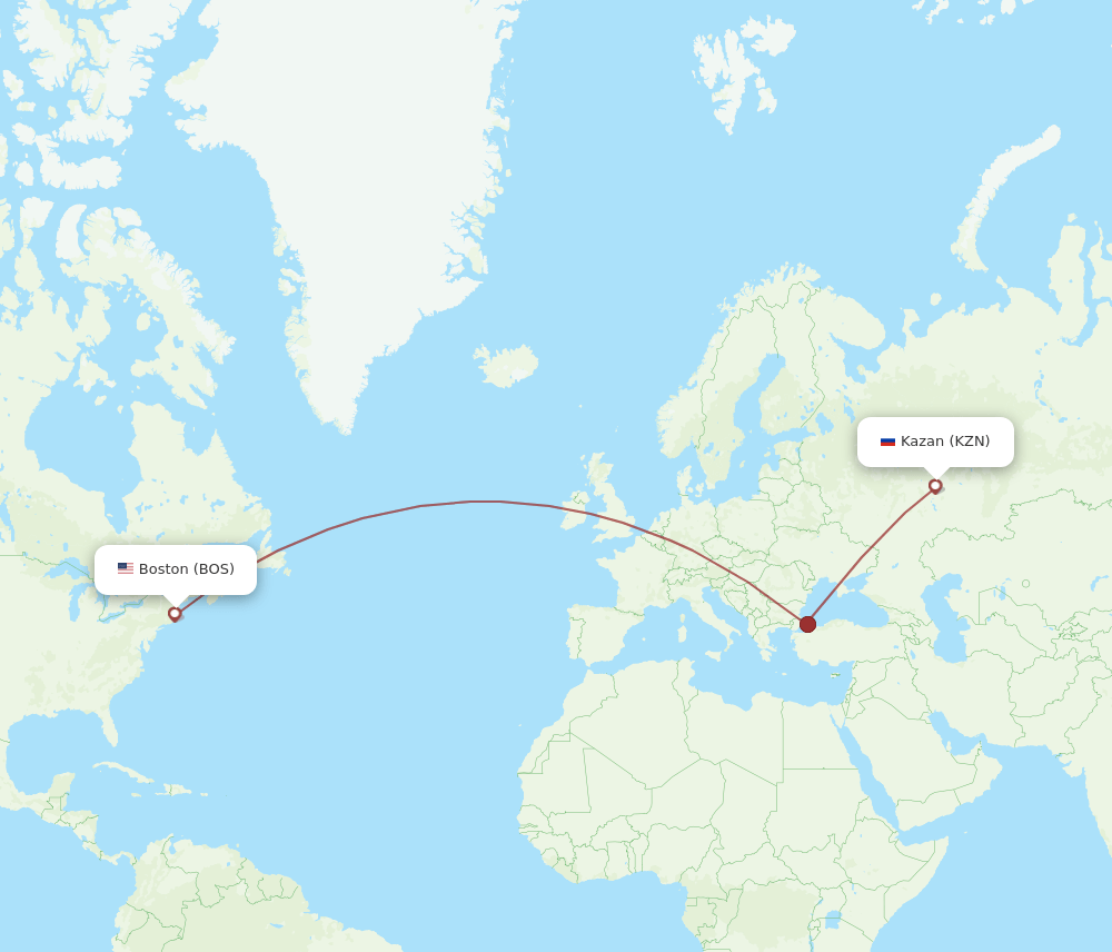 Boston - Kazan route map and flight paths