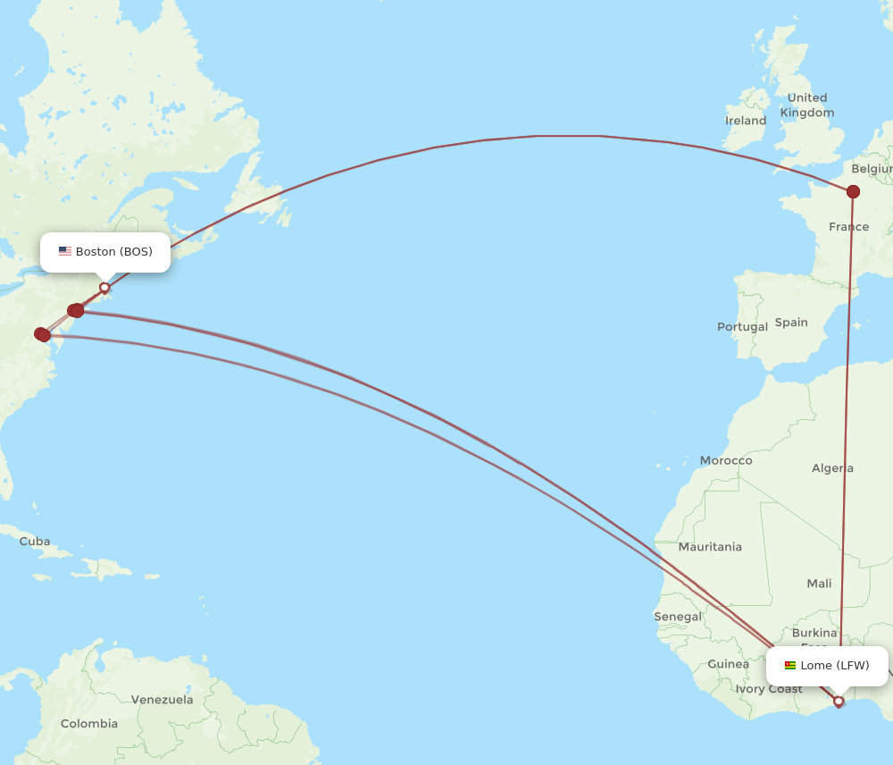 BOS-LFW flight routes