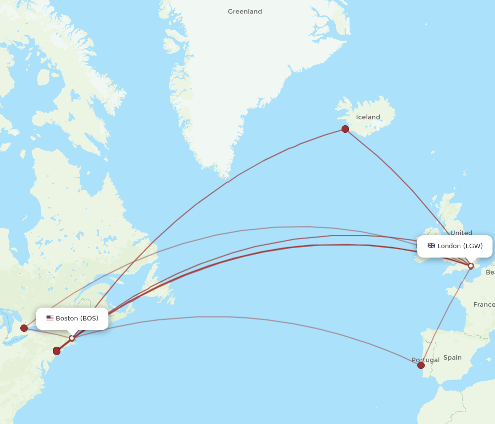 BOS to LGW flights and routes map