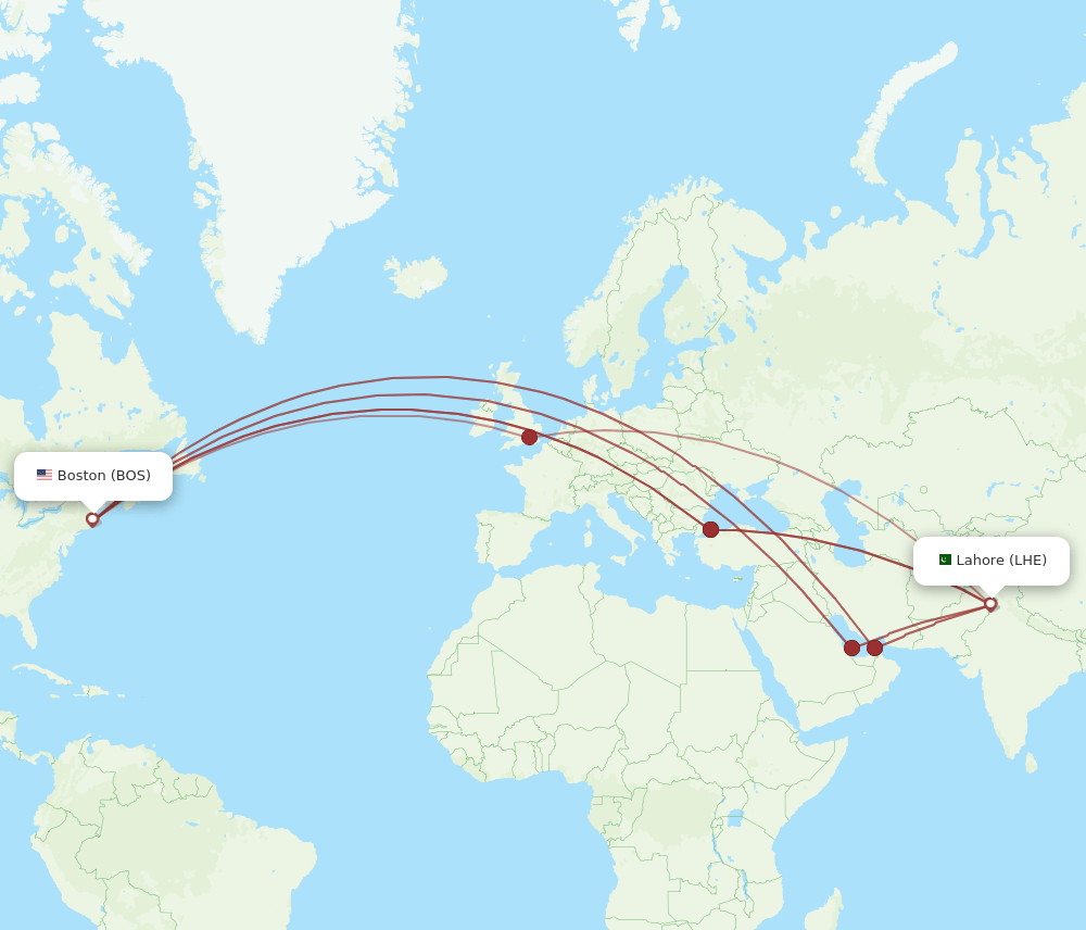 BOS to LHE flights and routes map
