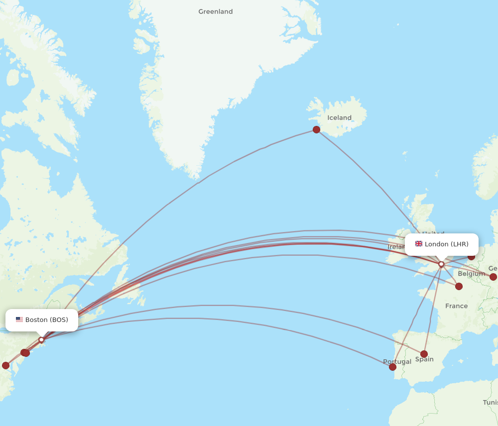 BOS to LHR flights and routes map