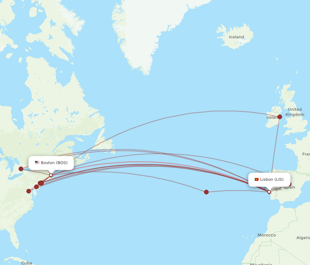 BOS to LIS flights and routes map