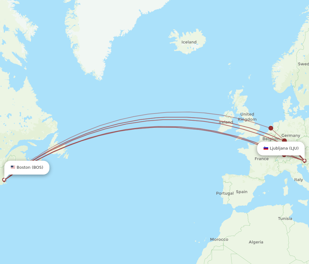 BOS-LJU flight routes