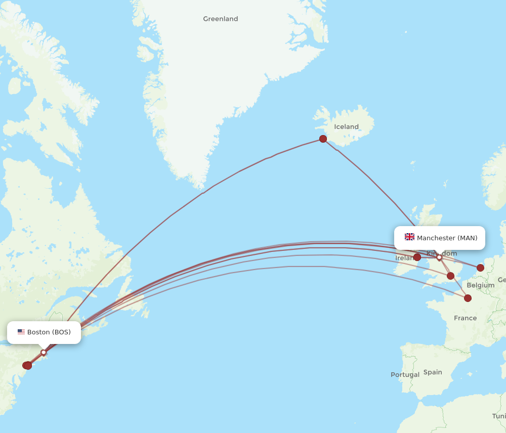 BOS to MAN flights and routes map