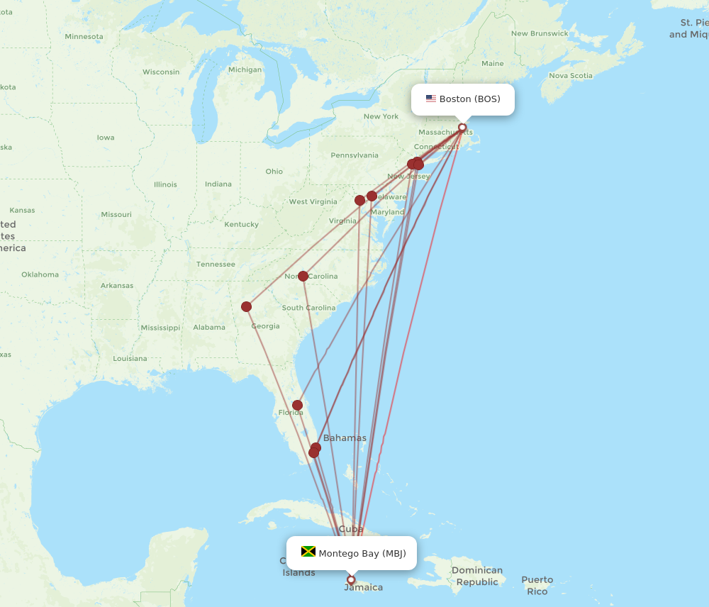 BOS to MBJ flights and routes map