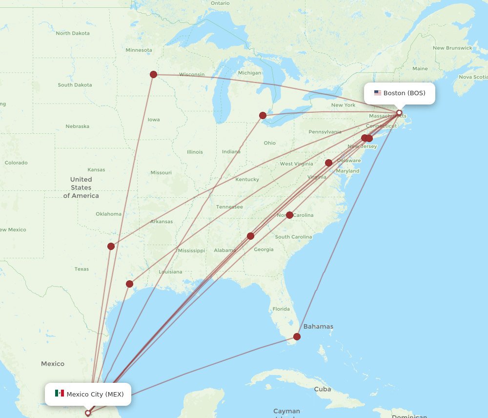 BOS-MEX flight routes