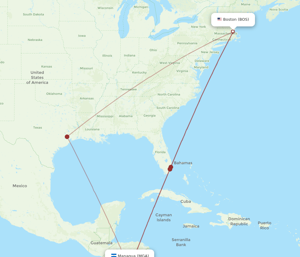 BOS to MGA flights and routes map