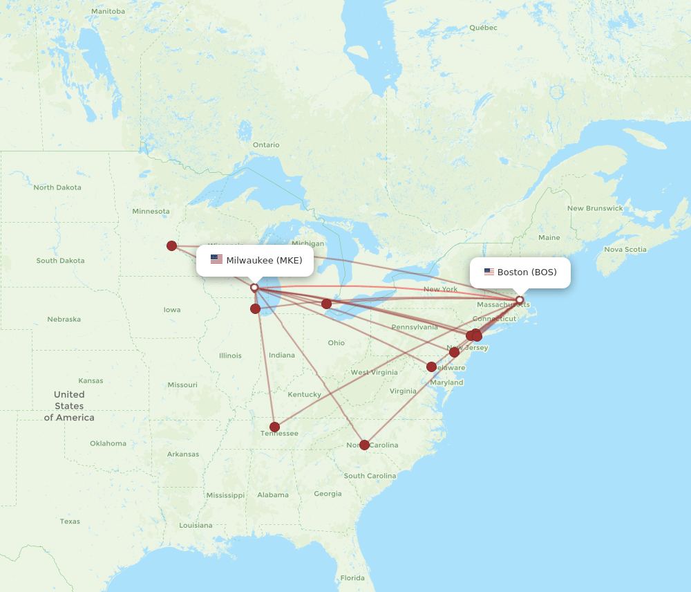 BOS to MKE flights and routes map