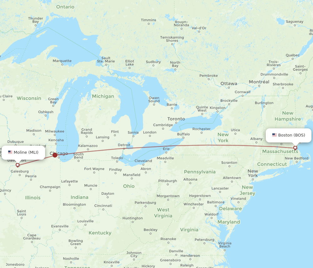 BOS to MLI flights and routes map