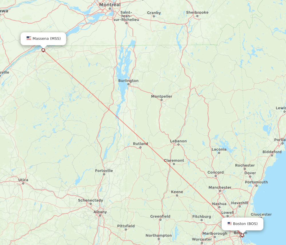 Boston - Massena route map and flight paths