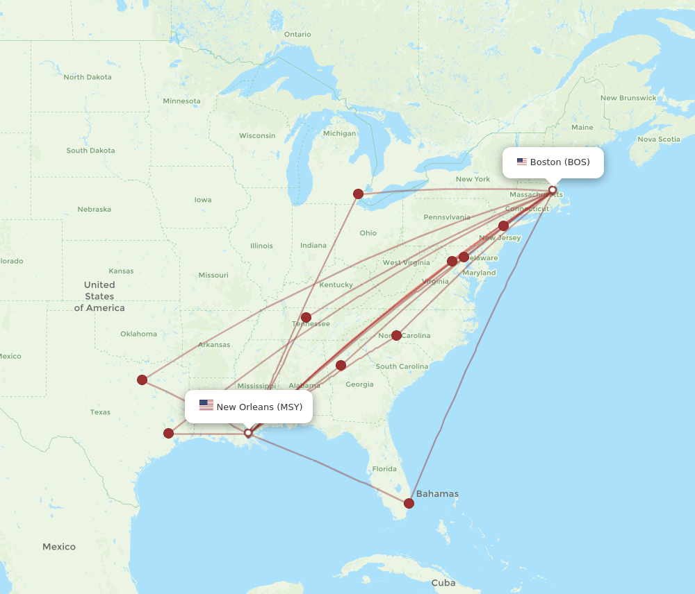 BOS-MSY flight routes